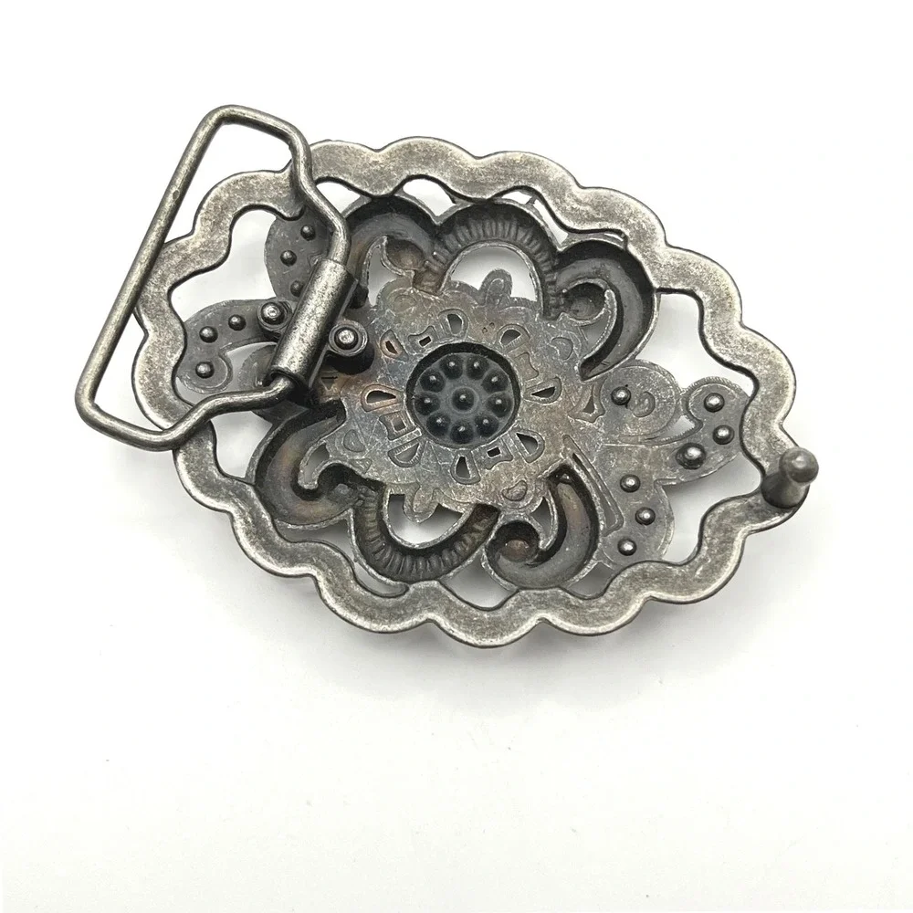 Vintage Silver Tone Floral Filigree Belt Buckle Pink‎ Blue Rhinestone 3.25in
